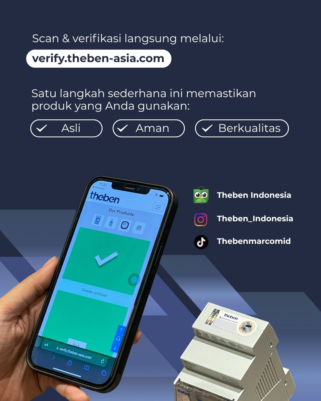 Contoh scan dan verifikasi produk melalui verify.theben-asia.com